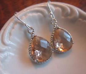 Champagne Earrings Peach Silver Earrings Teardrop Glass - Bridesmaid Earrings Wedding Earrings Bridal Earrings