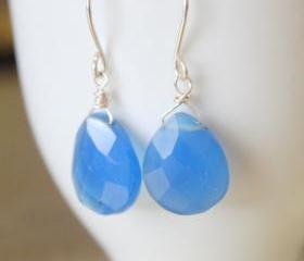 Ocean Blue Chalcedony Teardrop Briolette Sterling Silver Earrings