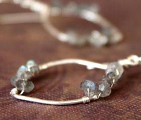 JULIE--Hammered Sterling Silver Leaf Hoop and Labradorite Earrings