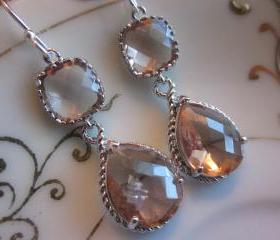 Champagne Earrings Peach Silver Earrings Teardrop Glass Two Tier - Bridesmaid Earrings Wedding Earrings Bridal Earrings