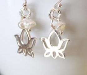 Lotus Sterling Silver Charm and Keishi Pearl Earrings