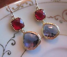 Amethyst Earrings Garnet Square Two Tier Gold Earrings - Bridesmaid Earrings Wedding Earrings Bridal Earrings