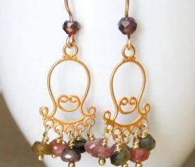 SANDIA--Watermelon Tourmaline and Gold Chandelier Earrings