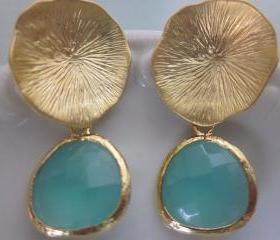 Aqua Blue Earrings Gold Mushroom Coral - Sterling Silver Posts - Bridesmaid Earrings - Bridal Earrings