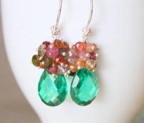 LIMERICK--Kelly Green Quartz and Tourmaline Cluster Teardrop Earrings