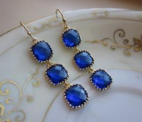 Cobalt Blue Earrings Gold three tier blocks Wedding Earrings - Bridesmaid Earrings - Bridal Earrings