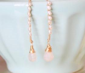 White Seed Pearls and Pearlescent Chalcedony Gold Earrings