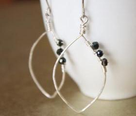 Mystic Blue Spinel Hammered Sterling Silver Leaf Hoop Earrings