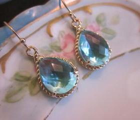 Aquamarine Earrings Gold - Teardrop Glass - Bridesmaid Earrings - Wedding Earrings - Bridal Earrings
