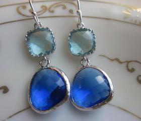 Cobalt Blue Earrings Aquamarine Silver Two Tier - Sterling Silver Earwires - Bridesmaid Earrings Wedding Earrings Bridal Earrings