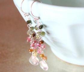 Arc en Ciel-- Rock Crystal and Tourmaline Dangle Earrings