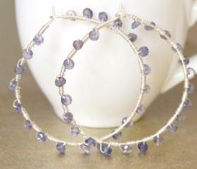 DENIM--Iolite Encrusted Sterling Silver Hoop Earrings