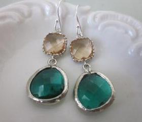 Emerald Green Earrings Champagne Pink Block Earrings - Sterling Silver Earwires - Bridesmaid Earrings - Bridal Earrings