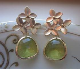 Peridot Earrings Apple Green Gold Cherry Blossom - Sterling Silver Posts - Bridesmaid Earrings - Bridal Earrings - Wedding Jewelry