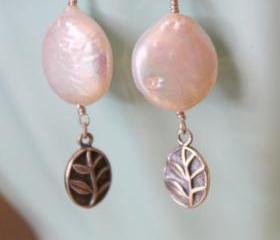 White Coin Pearl Sterling Silver Leaf Charm Dangle Earrings June Birthstone Gift