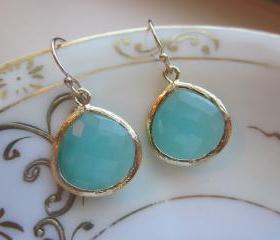 Pacific Aqua Earrings Blue Gold Large Gems - Bridesmaid Earrings Wedding Earrings