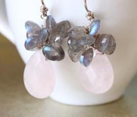 BEAUTE--Incandescent Labradorite Heart Briolettes and Pale Pink Rose Quartz Earrings
