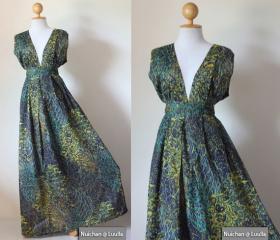 Peacock Maxi Dress - Boho Sexy Plunging V-neck Long Evening Gown : Oriental Secrets Collection