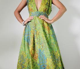 Peacock Maxi Dress - Boho Sexy Plunging V-neck Long Evening Gown : Oriental Secrets Collection