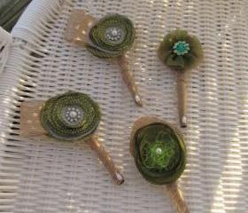 Boutonniere Set - Rustic Charm Fabric Flowers with Burlap Wrap