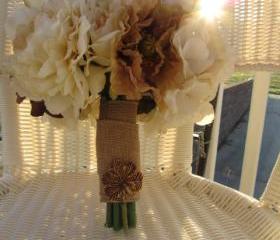 Silk Bridal Bouquet - Ivory, Chocolate and Taupe Roses, Ranunculus, Anemones, and Peonies wrapped in Burlap