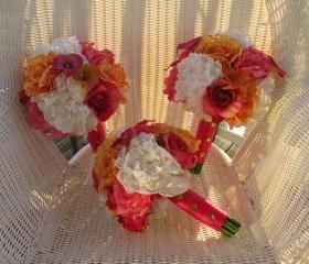 Real Touch Bridesmaid Bouquet - Orange, Fuchsia and White Calla Lilies, Roses and Peonies