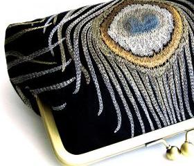 Kisslock Bag Frame Clutch Silk Black Peacock Purse