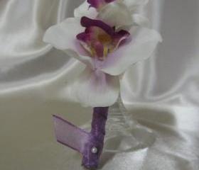 Groomsmen Boutonniere - White Orchid with Purple Center, wrapped in Purple Organza