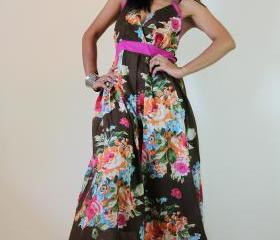 Floral Maxi Dress Bohemian Summer Cotton Cute V Neck : Sweetie Vintage Collection