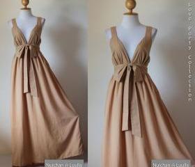 Light Brown Bridesmaid Maxi dress - Elegant Cocktail Evening Cotton Dress : Love Party Collection