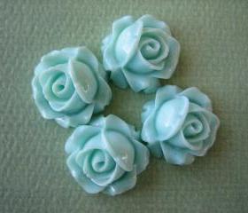 4PCS - Cabbage Rose Flower Cabochons - 15mm - Resin - Aqua - Findings by ZARDENIA