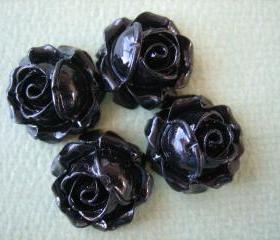 4PCS - Cabbage Rose Flower Cabochons - 15mm - Resin - Black - Findings by ZARDENIA
