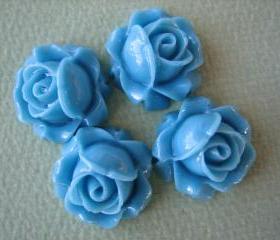 4PCS - Cabbage Rose Flower Cabochons - 15mm - Resin - Blue - Findings by ZARDENIA