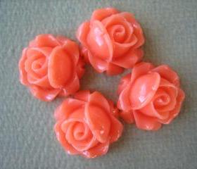4PCS - Cabbage Rose Flower Cabochons - 15mm - Resin - Coral - Findings by ZARDENIA