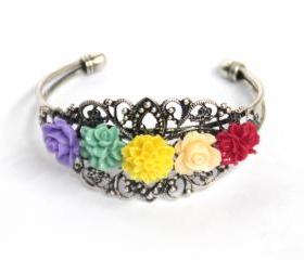  Rainbow flower bracelet hand cuff antique silver