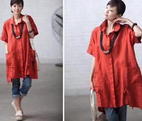 Orange casual linen pocket short-sleeve loose shirt