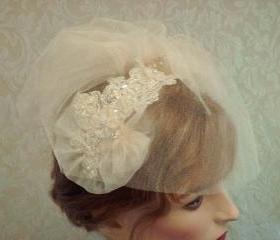 Champagne Birdcage Veil Ad Fascinator Set / Wedding Headpiece With Tulle Birdcage Veil Set