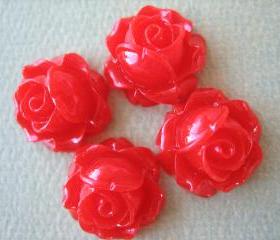 4PCS - Cabbage Rose Flower Cabochons - 15mm - Resin - Red - Findings by ZARDENIA