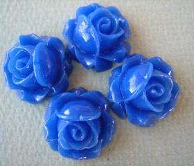 4PCS - Cabbage Rose Flower Cabochons - 15mm - Resin - Blue - Findings by ZARDENIA