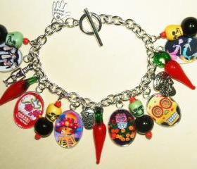 Sugar Skull Day Of The Dead Charm Bracelet Altered Art
