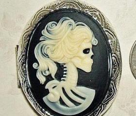 SKELETON Skull Lady CAMEO Pendant LOCKET Necklace