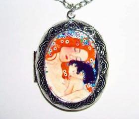 MOTHER and CHILD Locket NECKLACE Pendant Altered Art Photo Holder Klimt