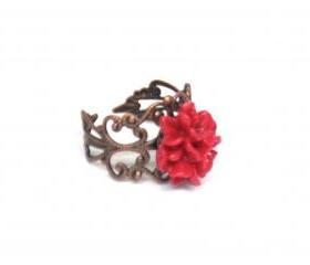 Red flower ring adjustable copper ring resin filigree accessories