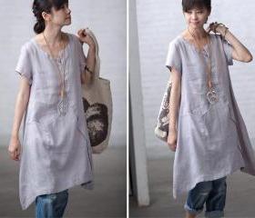 Solid color ramie Short-sleeved shirt