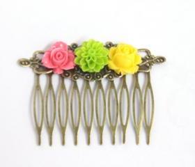  Flower Hair Comb Trio Bright Colors
