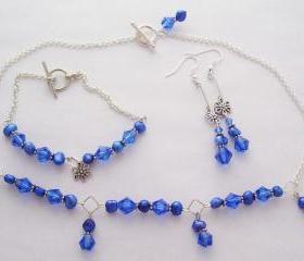Cobalt Blue Crystal & Fresh Water Pearl Necklace Set