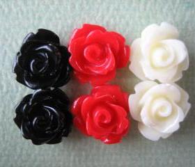 6PCS - Mini Rose Flower Cabochons - 10mm - Resin - Black, Red and Vanilla - Cabochons by ZARDENIA