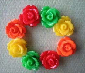 8PCS - Mini Rose Flower Cabochons - 10mm - Resin - Red, Green, Yellow and Orange - Cabochons by ZARDENIA