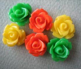6PCS - Mini Rose Flower Cabochons - 10mm - Resin - Yellow, Green and Orange - Cabochons by ZARDENIA