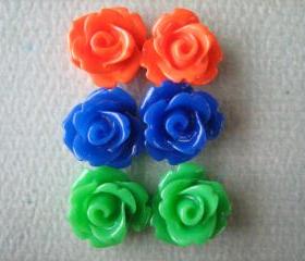 6PCS - Mini Rose Flower Cabochons - 10mm - Resin - Blue, Green and Orange - Cabochons by ZARDENIA